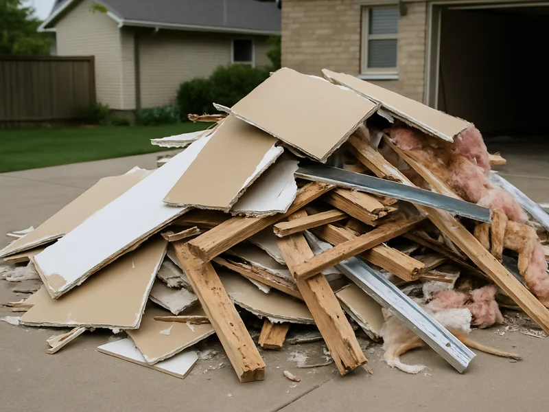 Construction debris pile in a residential driveway