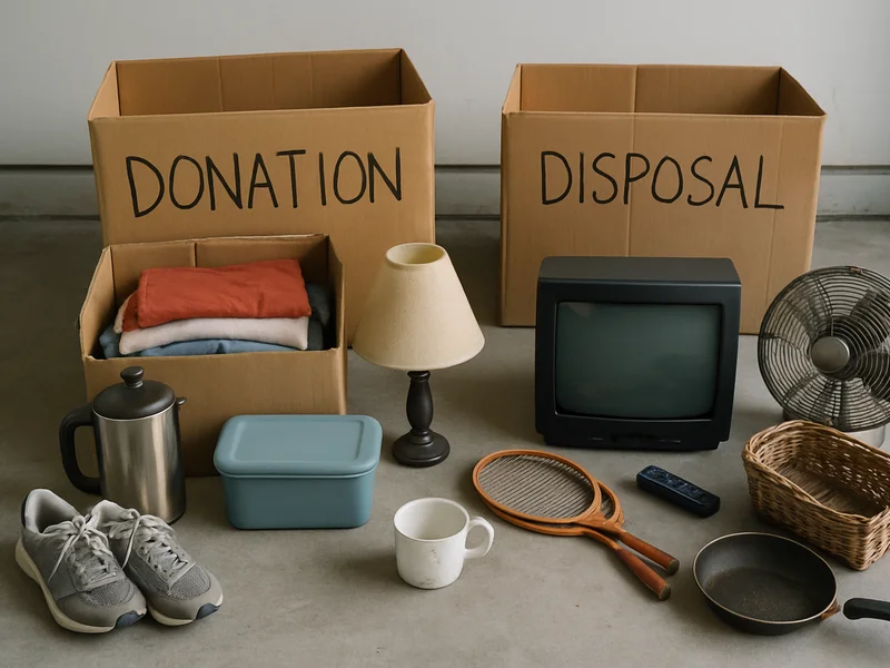 Household items sorted into donation and disposal groups