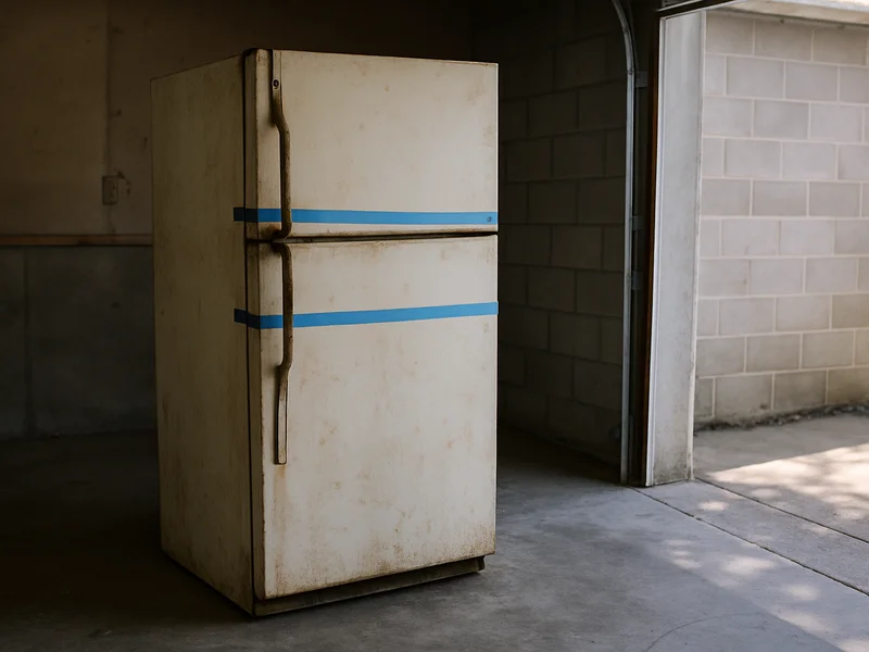 Old refrigerator taped shut and ready for removal