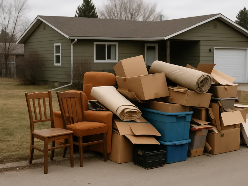 Pile of household junk stacked in a driveway for removal