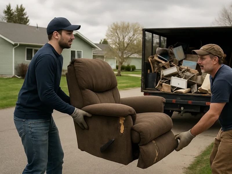 Crew loading a broken armchair into a hauling truck in Great Falls, MT